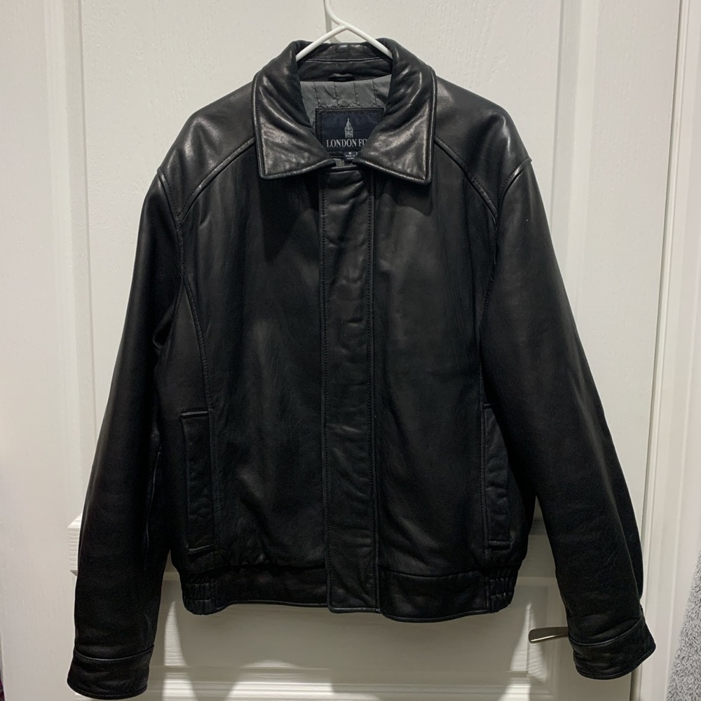 London Fog Leather Biker Jacket - Men’s Medium - Black - Zip Up & Buttons